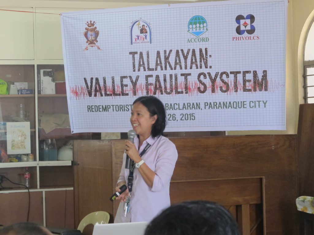 In photo: Ms. Joan Salcedo of PHIVOLCS serving as main resource speaker for the forum.
